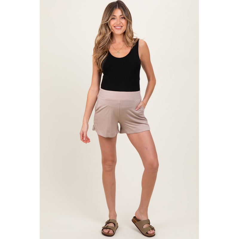 Beige Basic Rounded Hem Maternity Shorts