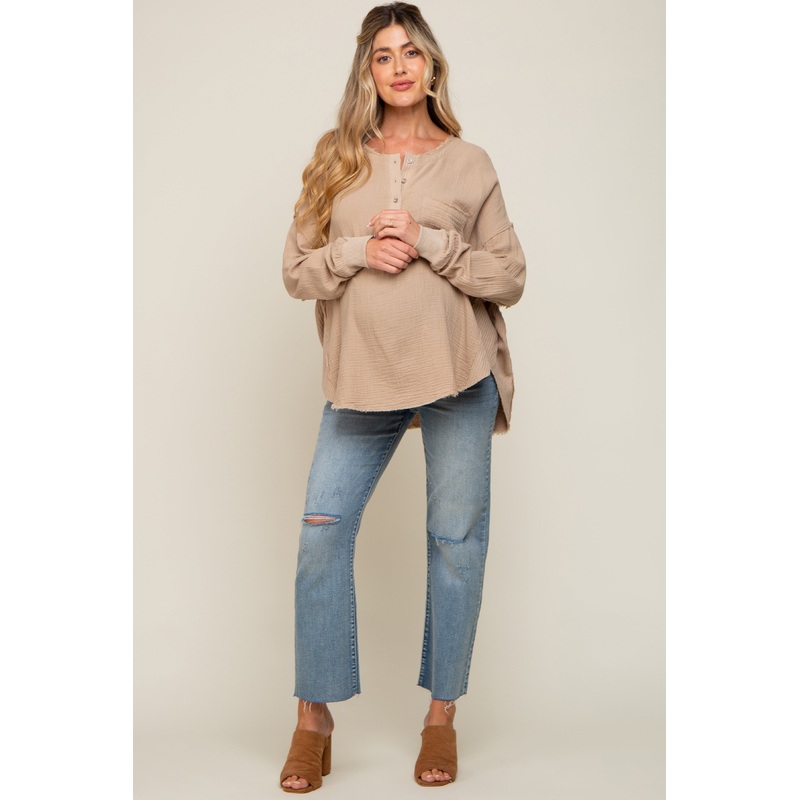 Beige Front Button Drop Shoulder Long Sleeve Maternity Top