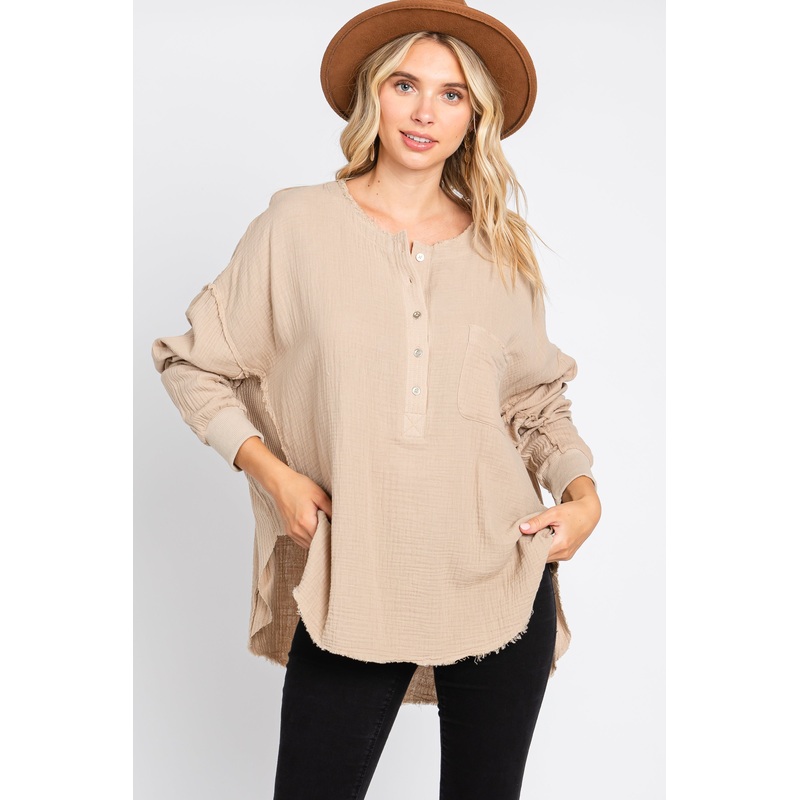 Beige Front Button Drop Shoulder Long Sleeve Top
