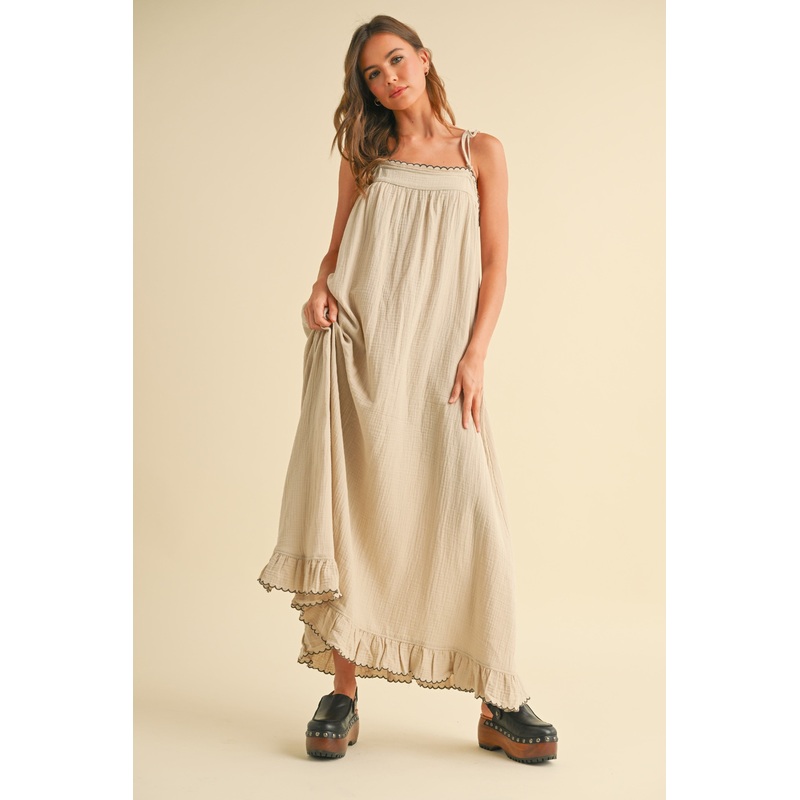 Beige Scallop Trim Shoulder Tie Maxi Dress