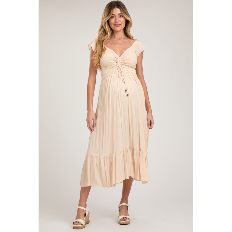 Beige Smocked Ruched Ruffle Hem Maternity Maxi Dress