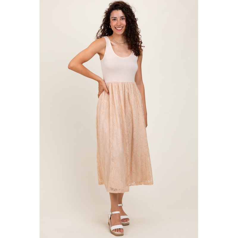 Beige Solid Tank Top Lace Skirt Midi Dress