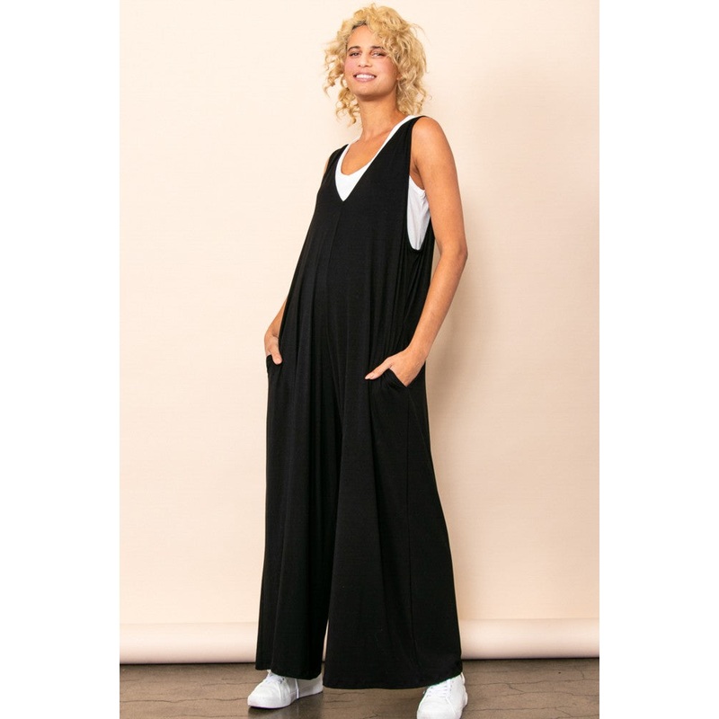 Black Deep V Sleeveless Wide Leg Jumpsuit