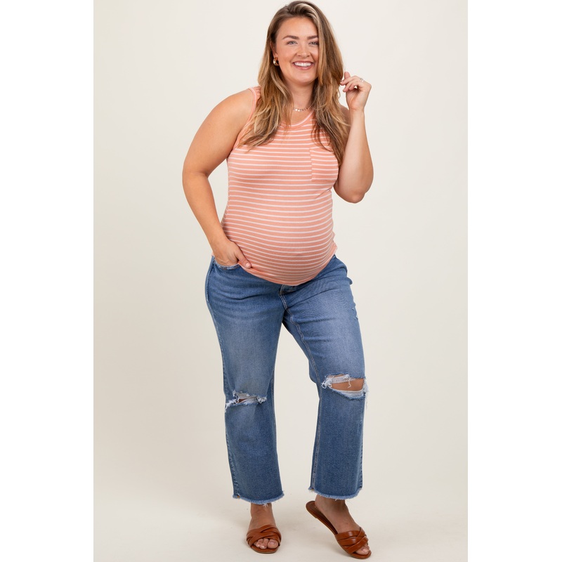 Blue Open Knee Fringe Hem Cropped Wide Leg Maternity Plus Jeans
