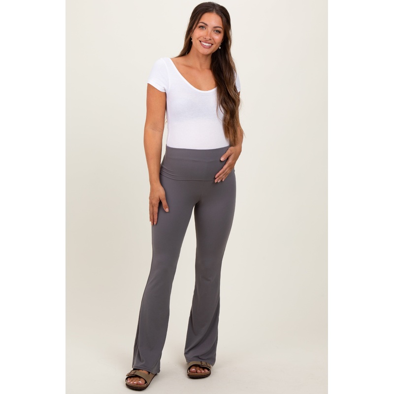 Grey Fold Over Waistband Maternity Flared Pants