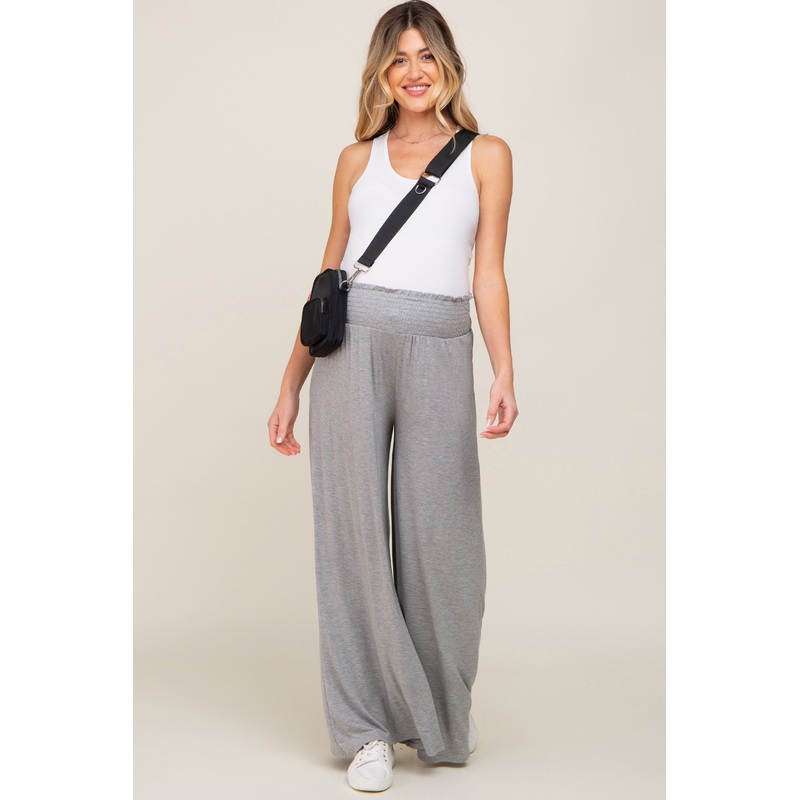 Grey Smocked Waist Flowy Maternity Pants