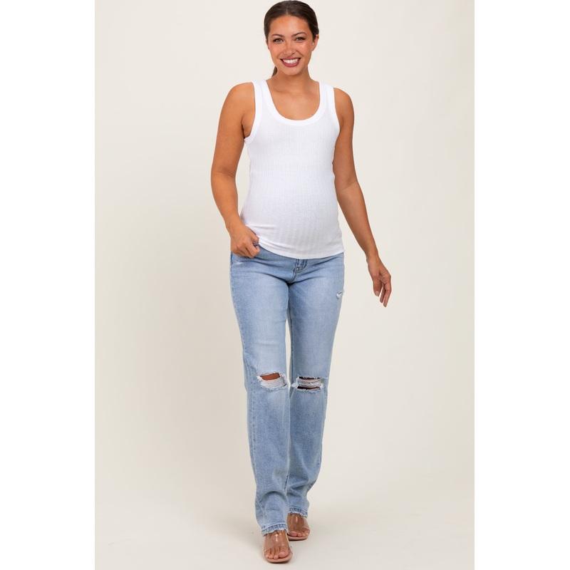 Light Blue Distressed Ripped Knee Straight Leg Maternity Jeans