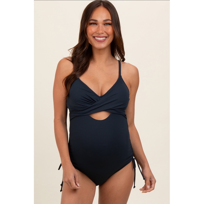 Navy Ribbed Wrap Front Drawstring Side Maternity One-Piece Swimsuit