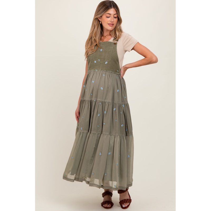 Olive Embroidered Floral Maternity Skirtall