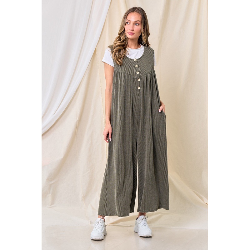 Olive Ribbed Sleeveless Button Front Jumpsuit