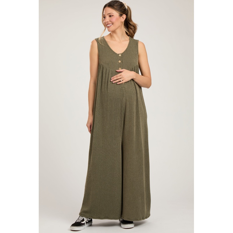 Olive Ribbed Sleeveless Button Front Maternity Jumpsuit