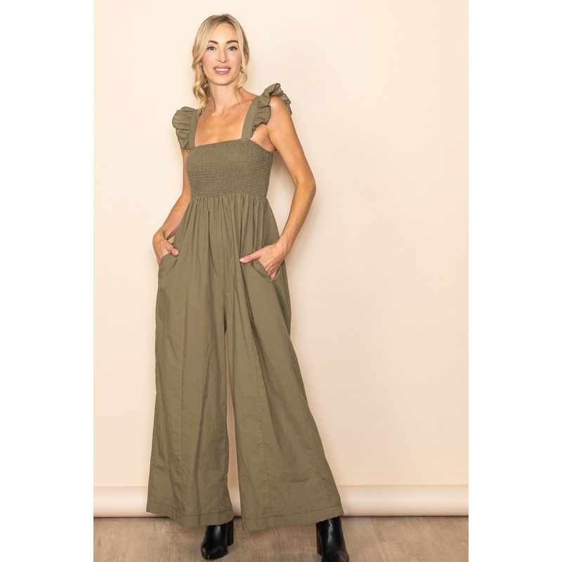 Olive Ruffle Strap Smocked Wide Leg Jumpsuit