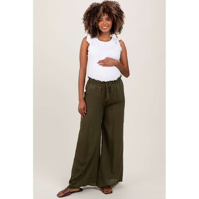Olive Ruffled Drawstring Waist Wide Leg Maternity Pants