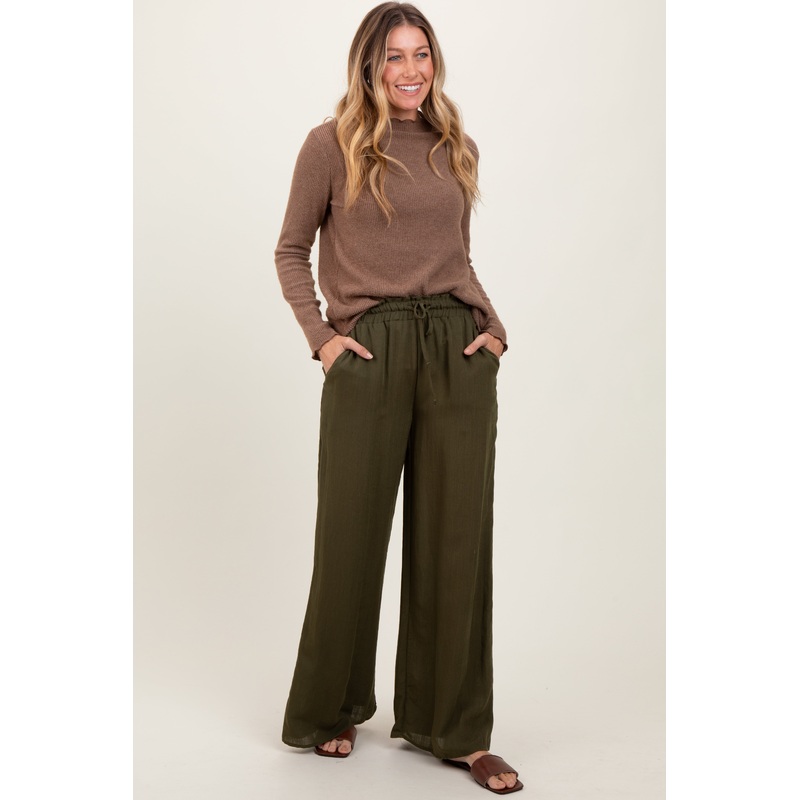 Olive Ruffled Drawstring Waist Wide Leg Pants