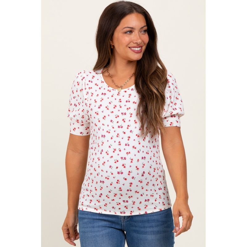 White Floral Ribbed Puff Sleeve Maternity Top