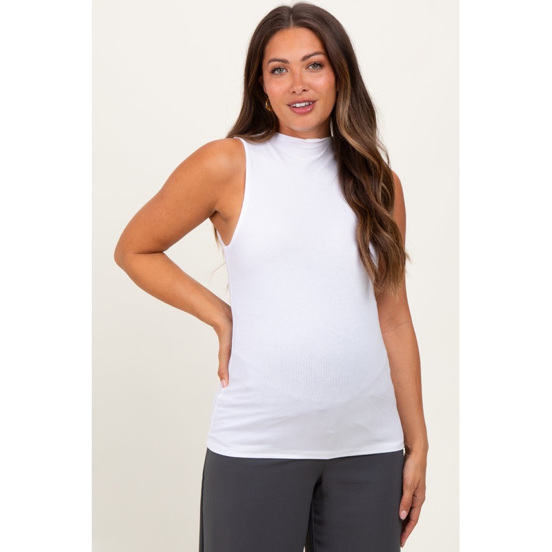 White Ribbed Sleeveless Mock Neck Maternity Top
