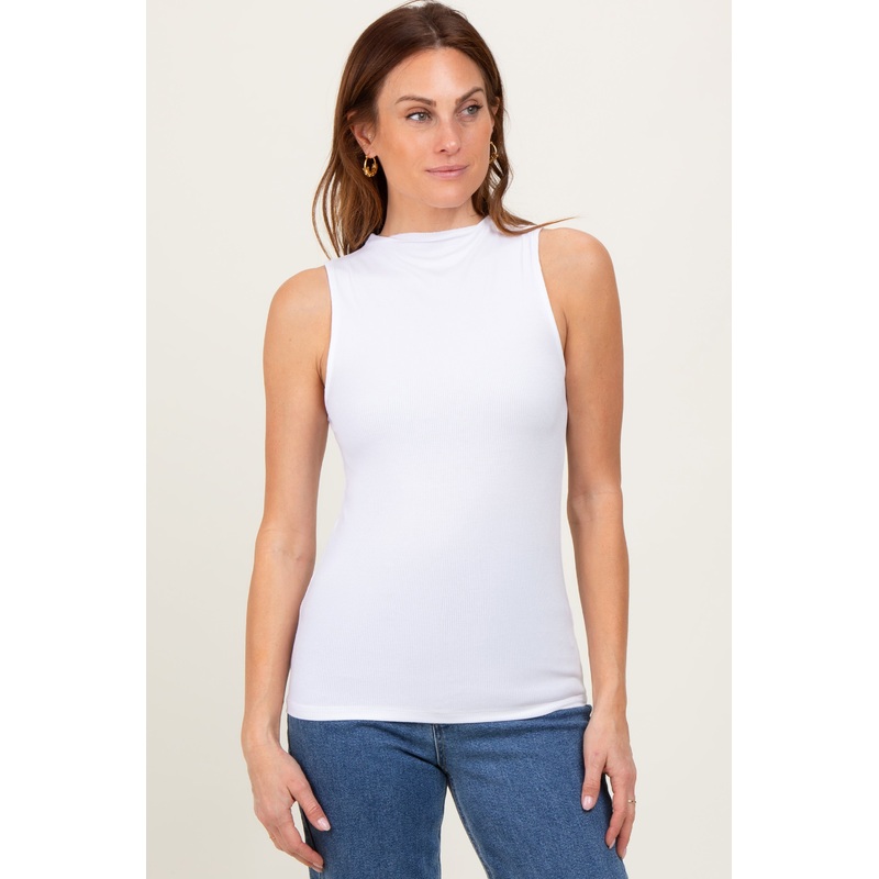 White Ribbed Sleeveless Mock Neck Top
