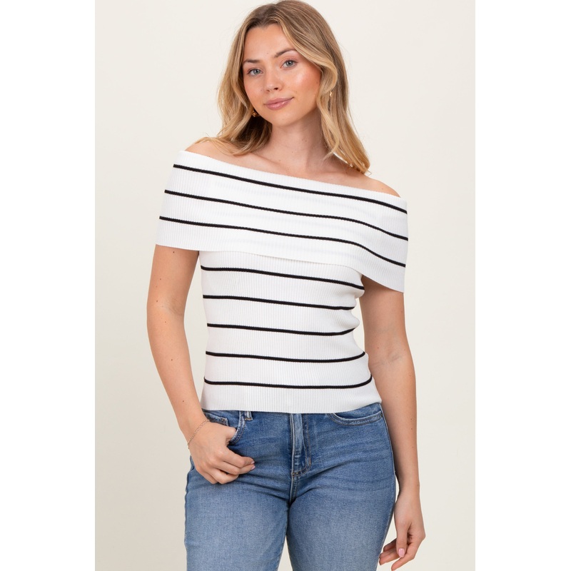 White Striped Off The Shoulder Sweater Top