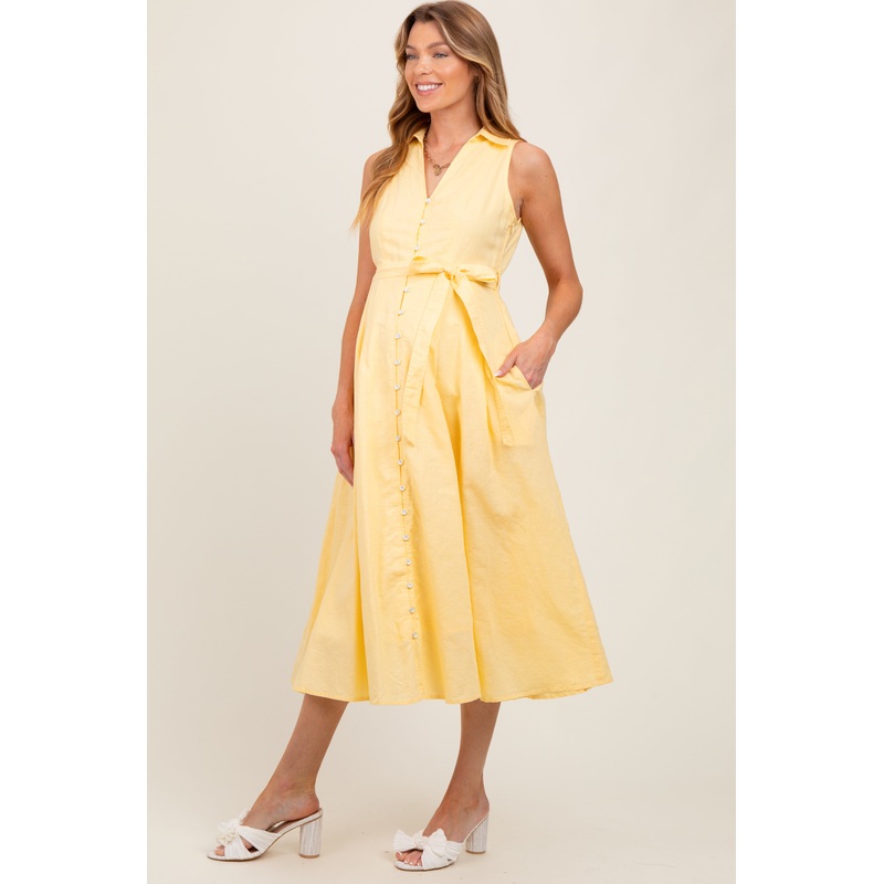 Yellow Sleeveless Linen Blend Maternity Midi Shirt Dress