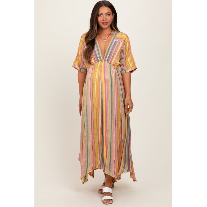 Yellow Striped Deep V-Neck Handkerchief Hem Maternity Midi Dress