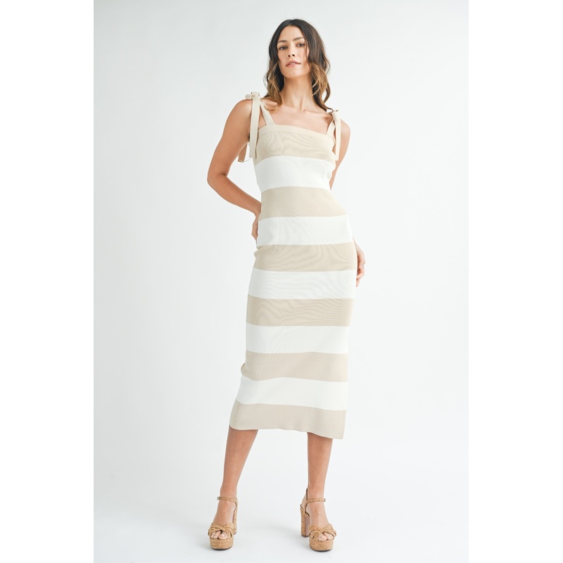 Beige Bow Shoulder Stripe Sweater Maxi Dress