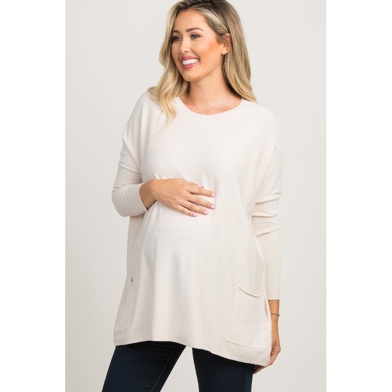Beige Pocketed Dolman Sleeve Maternity Top