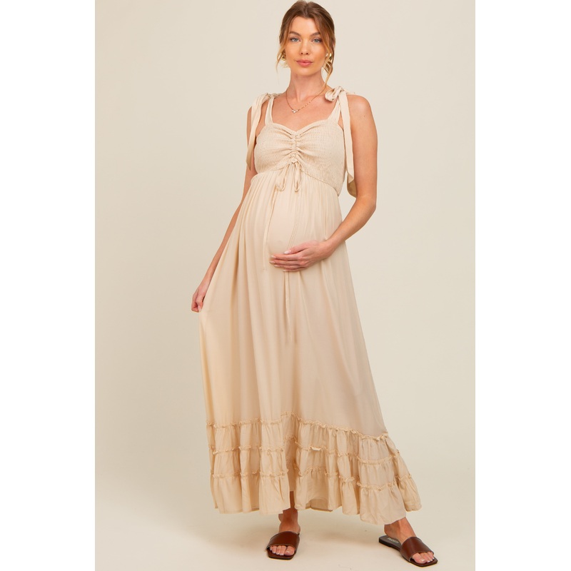 Beige Sweetheart Neck Smocked Shoulder Tie Maternity Maxi Dress