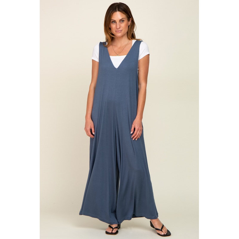 Blue Deep V Sleeveless Wide Leg Jumpsuit
