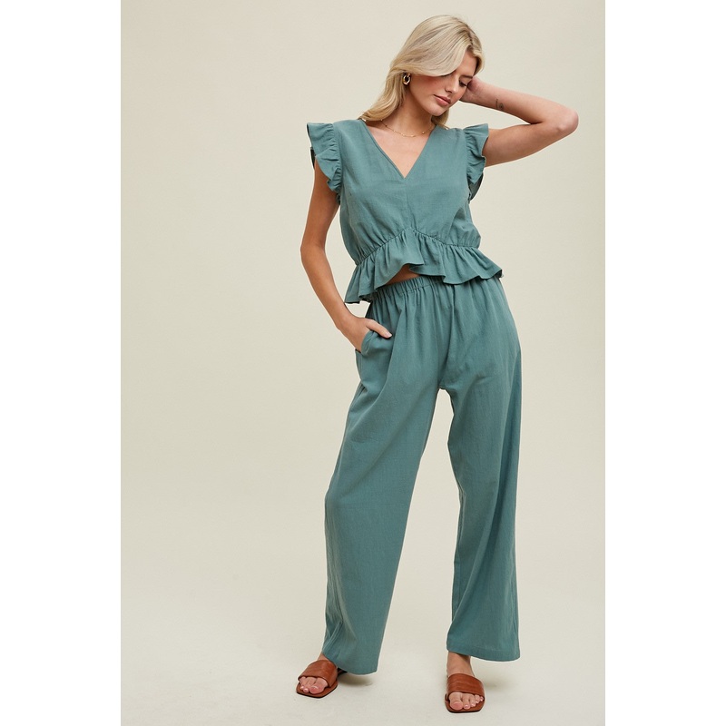 Green Ruffle Relaxed Crop Top And Pants Set