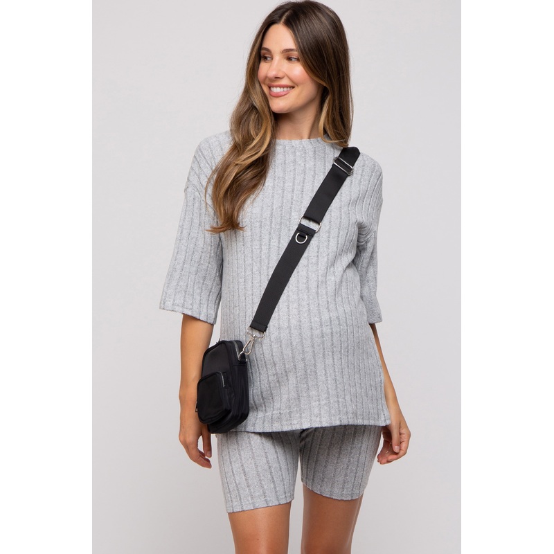 Heather Grey Ribbed Soft Short Sleeve Maternity Shorts Set