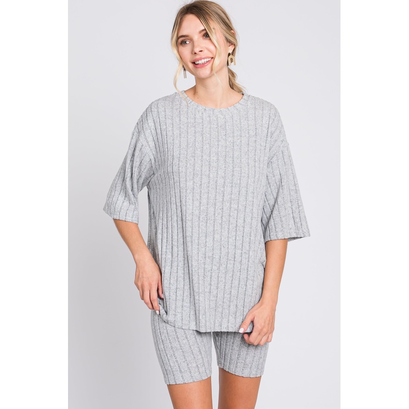 Heather Grey Ribbed Soft Short Sleeve Shorts Set