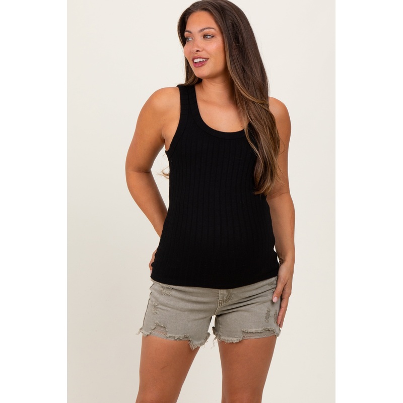 Light Olive Distressed Fringe Hem Maternity Jean Shorts