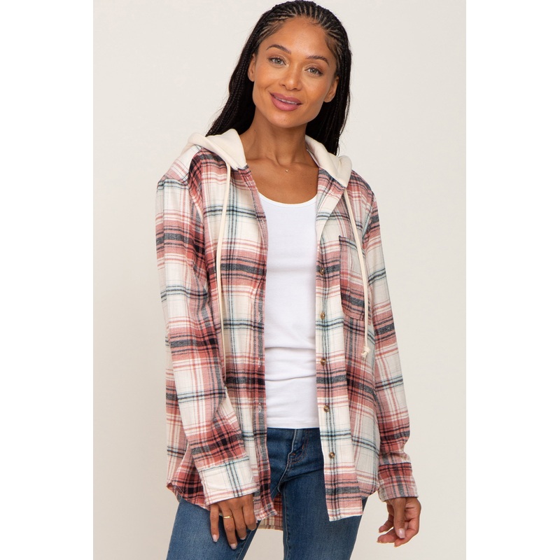 Rust Plaid Hooded Shirt Jacket