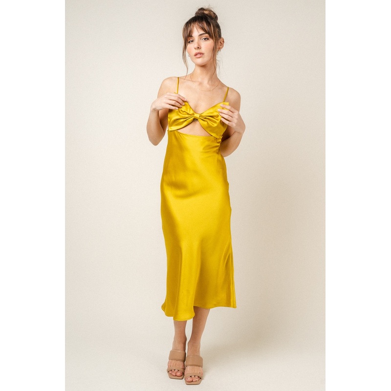 Yellow Bow Satin Slip Midi Dress