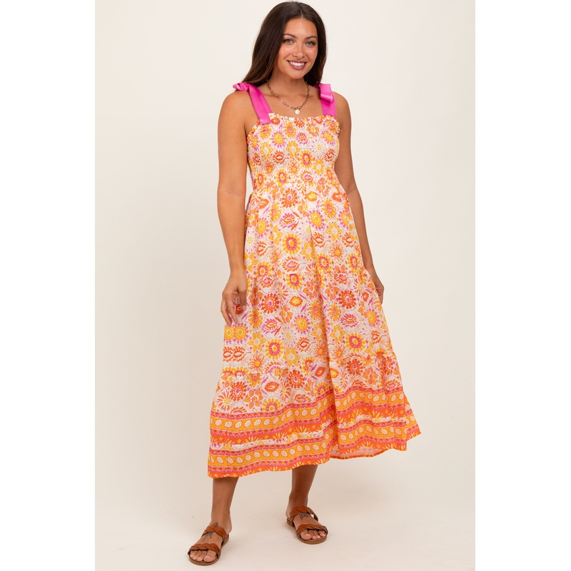 Yellow Floral Shoulder Tie Smocked Maternity Midi Dress
