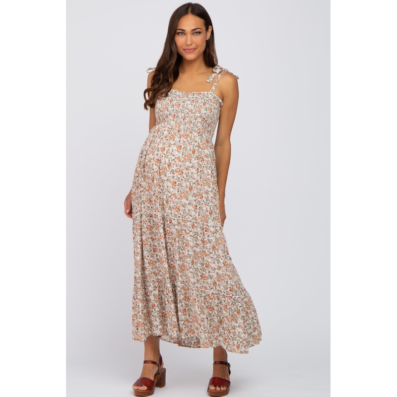 Beige Floral Sleeveless Tiered Maternity Maxi Dress