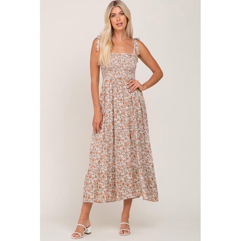 Beige Floral Sleeveless Tiered Maxi Dress