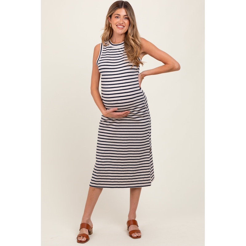 Beige Striped Sleeveless Side Slit Maternity Midi Dress