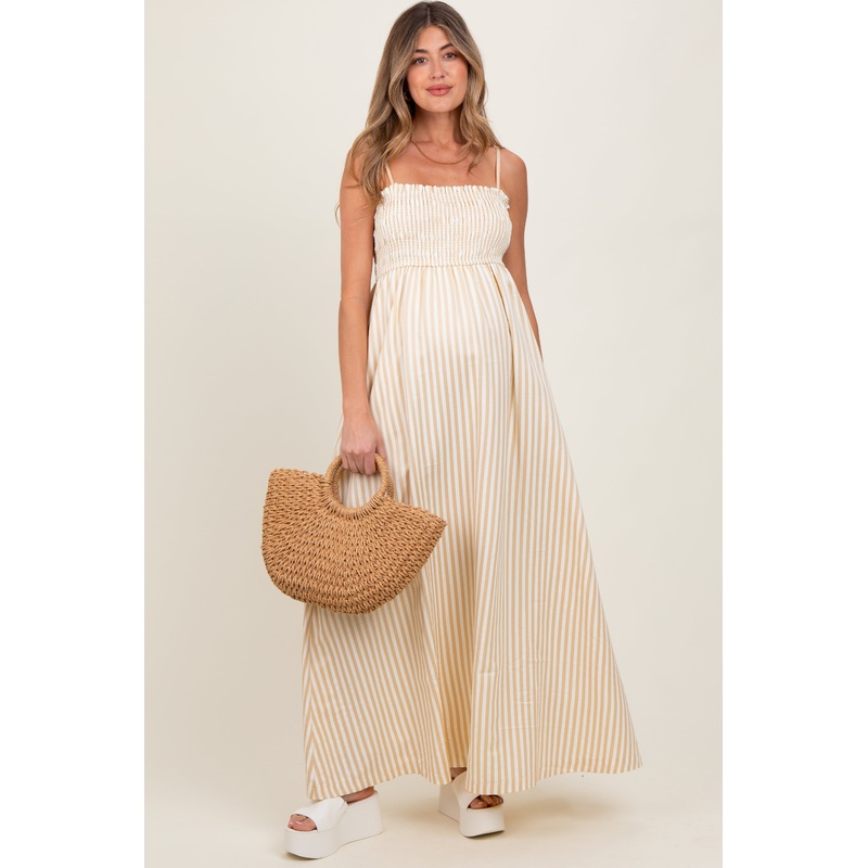 Beige Striped Sleeveless Smocked Poplin Maternity Maxi Dress