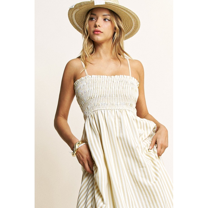 Beige Striped Sleeveless Smocked Poplin Maxi Dress