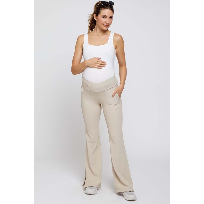 Beige V-Waist Ribbed Bootcut Maternity Leggings