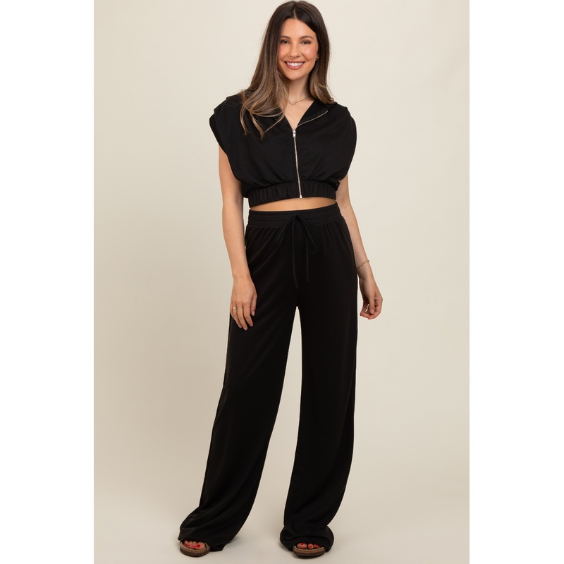 Black Cropped Hoodie Pants Maternity Set