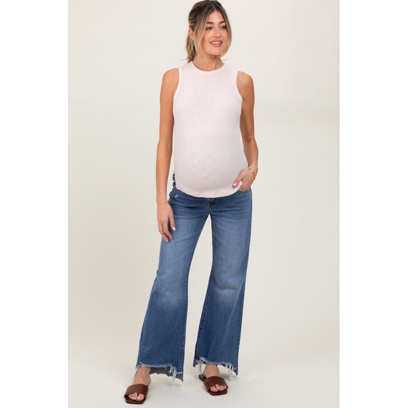 Blue Distressed Fringe Hi-Lo Hem Cropped Flare Maternity Jeans