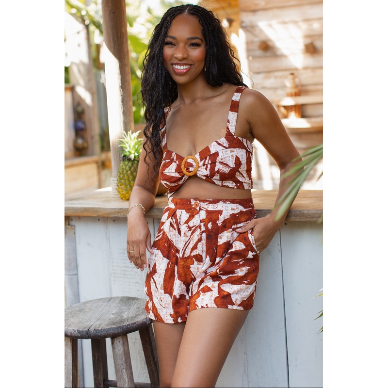 Brown Bra Top And High Waisted Shorts Set