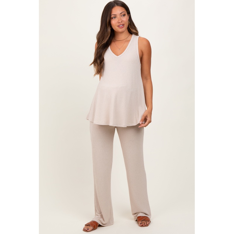 Cream Rib Knit Tank and Pant Maternity Set
