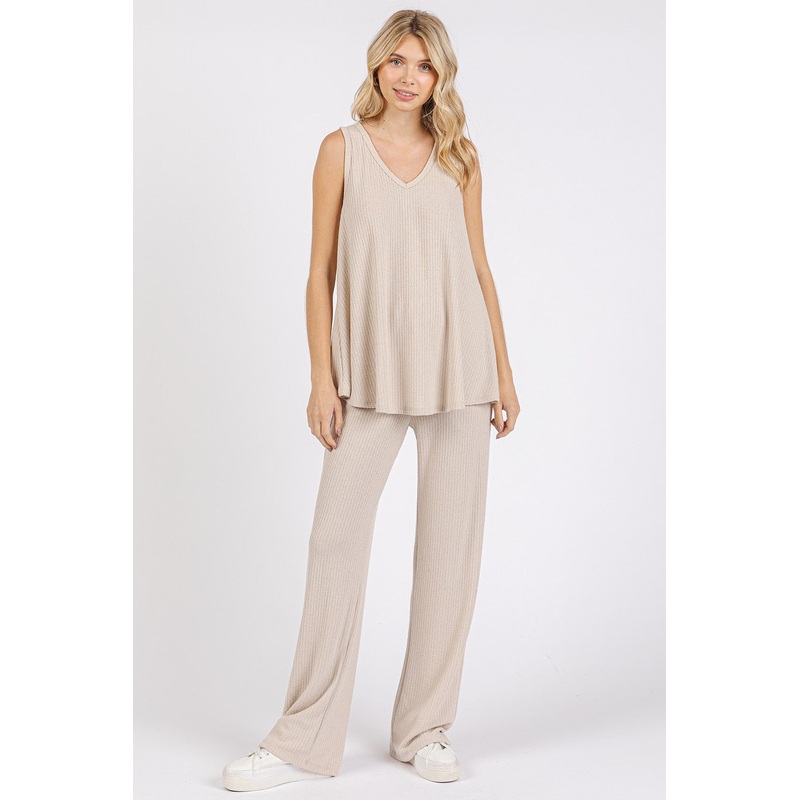 Cream Rib Knit Tank and Pant Set