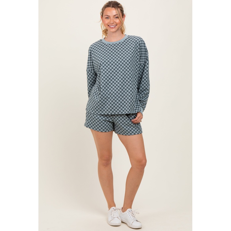 Dark Teal Checkered Plaid Pullover Shorts Set