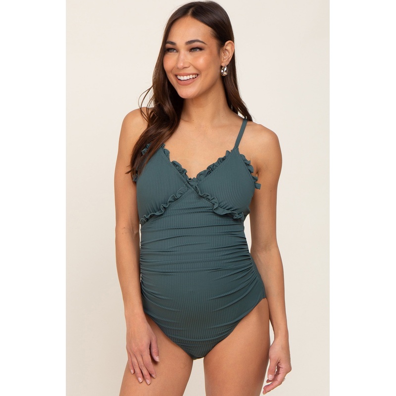 Green Ribbed Ruffle Ruched Maternity One Piece Swimsuit