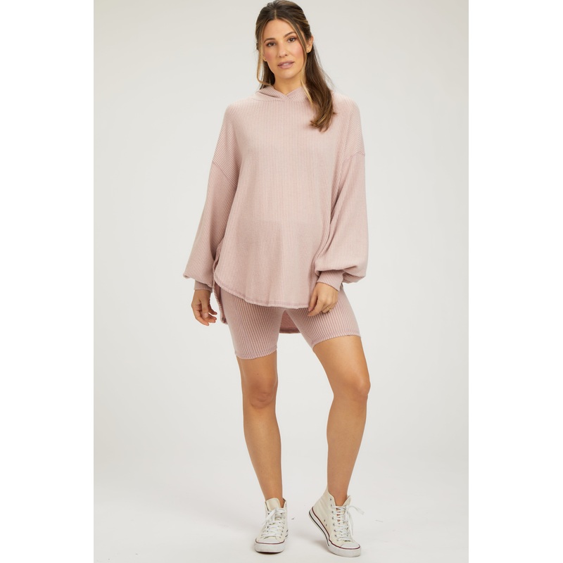 Light Pink Ribbed Hoodie Bike Shorts Maternity Set