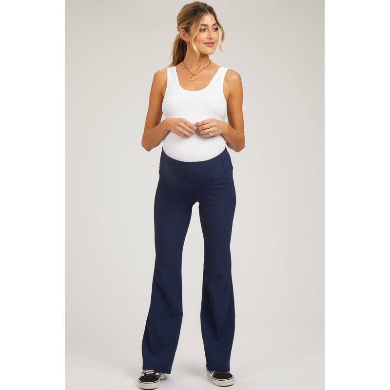 Navy Blue Ribbed Maternity Flared Leggings